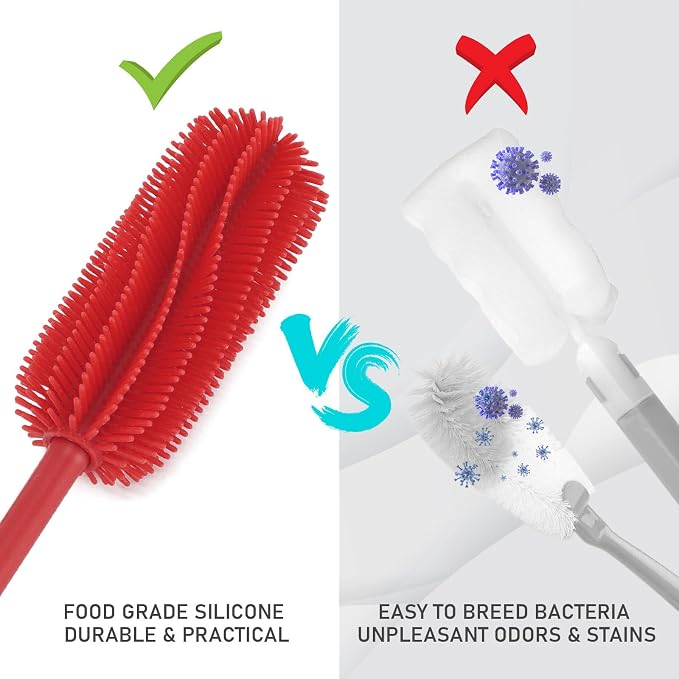 15.7" Silicone Bottle Brush, ddLUCK Water Bottle Cleaner Brush for Stanley, Hydroflasks, Glass, Thermos Sports Bottle, Vase and Glassware, Bottle Brush Cleaner for Small Narrow Neck Containers (Red)