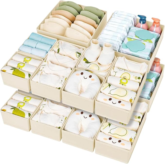 DIMJ Drawer Organizer Clothes 15 Pack - Foldable Baby Organizers and Storage & Closet Organizers for Bedroom, Closet - Nursery Organization Dresser Dividers for underwear, Sock,Bra, Belt, Tie, Beige