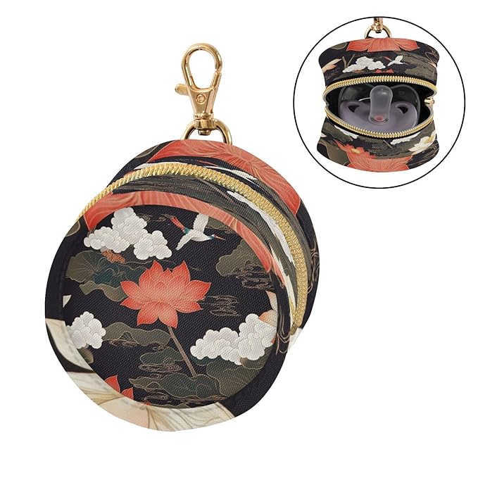 Pacifier Holder with Clip Pacifier Case for Diaper Bag Round Baby Pacifier Pouch Box Bag Portable Lotus Flowers and Crane Black