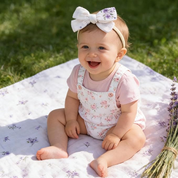 LifeTree Baby Muslin Swaddle Blankets for Boys & Girls, Newborn Swaddle Set with Matching Headband Bow, Infant Blanket Wrap, 47 x 47 inches, Purple Flower, 70% Viscose from Bamboo and 30% Cotton