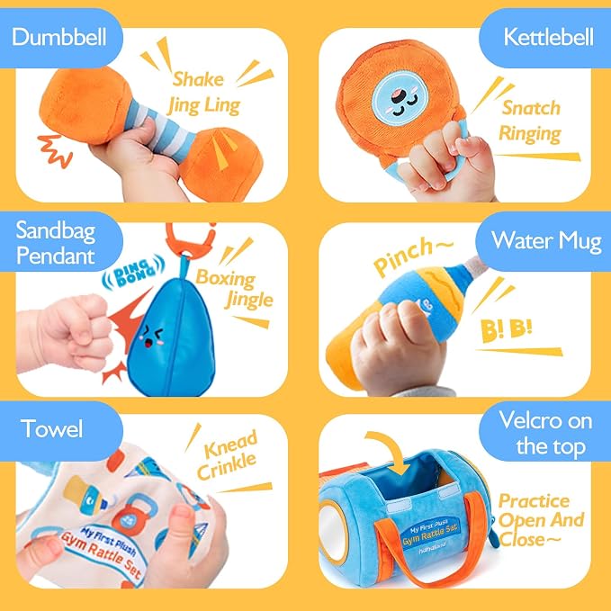 hahaland Baby Toys 6-12 Months - Baby Toys 3-6 Months Montessori Toy for 6 Month Old, Sensory Toy for Babies Workout Weights Dumbbell Toy Set with Soft Rattles Mirror, Easter Gifts for Baby