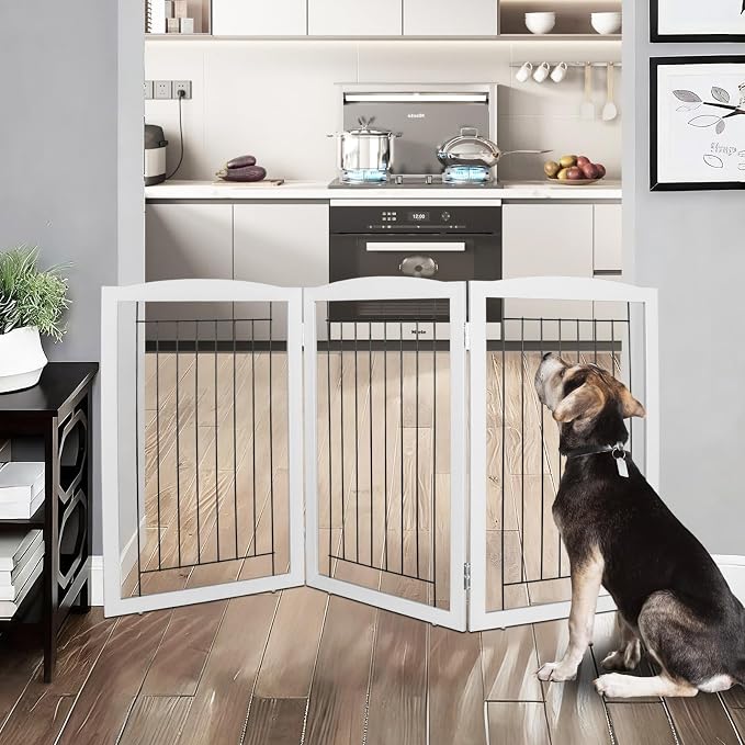 ZJSF Freestanding Foldable Dog Gate for House Extra Wide Wooden Grey Puppy Gate Stairs Dog Gates Doorways Tall Pet Gate 32" Height 3 Panels Pet Fence