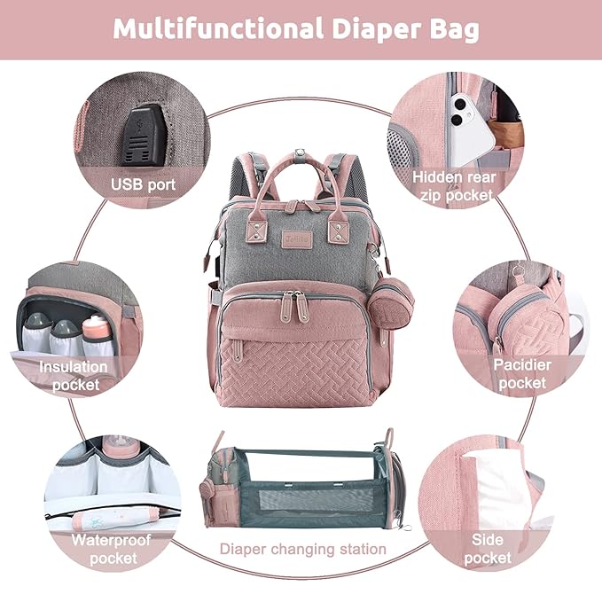 JOLLITO Baby Diaper Bag Backpack with Changing Station, Large Capacity, Stroller Straps and USB Charging Port, Baby Registry Search for Boys & Girls