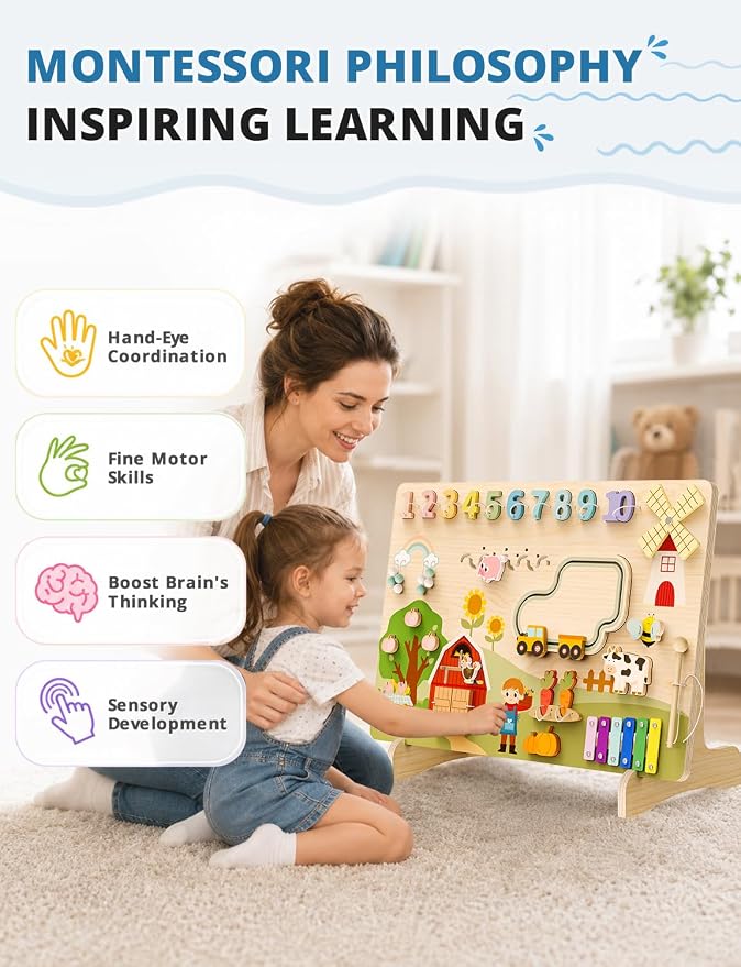 BlueWood Wooden Busy Board for Toddlers 18+ Months, 12-in-1 Montessori Philosophy Educational Toy, Activity Center Made from Basswood, No Drilling, Easy to Install & Store - Farm