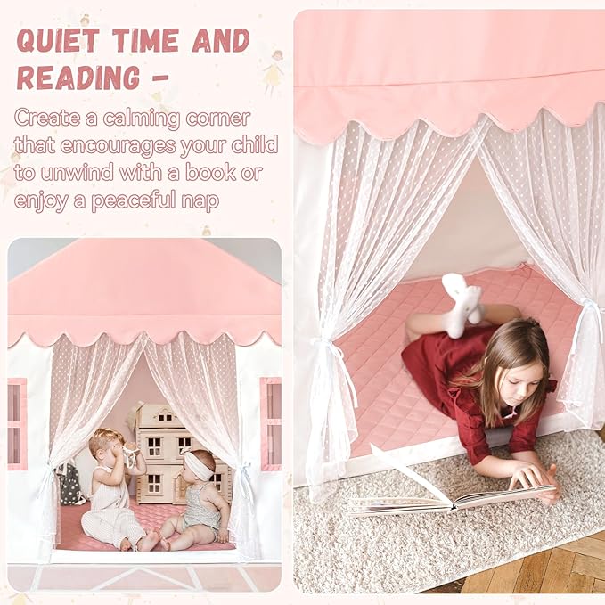 Kids Play Tent with Mat, Princess Castle Playhouse Play Tent for Kids Indoor, Girls Play Tent Play House for Birthday Toy House Gift (Pink)