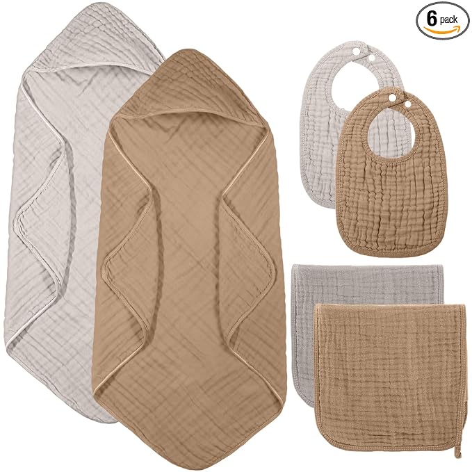 Hahafelt 6 Pcs Muslin Hooded Bath Towels Washcloths and Bibs Set, Muslin Cotton Baby Towels Absorbent Hooded Blanket Towel Infant Bibs for Boys Girls Newborn Infant Essential(Brown, Beige)