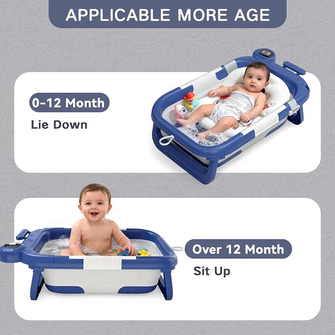 Foldable Baby Bathtub for Newborn to Toddler (0-24 Months), Portable Baby Bath Tub for Travel, Collapsible Baby Tub with Soft and Supportive Cushion (Astronaut-Blue)