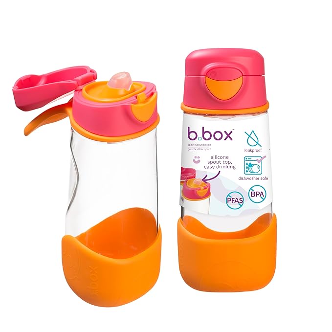b.box 15oz Sport Spout Kids Water Bottle for School, Sports, Daycare - No-Straw Design for Easy Cleaning - Leakproof - Ergonomic Triangle Grip - Dishwasher Safe, BPA Free, PFAS Free - Strawberry Shake