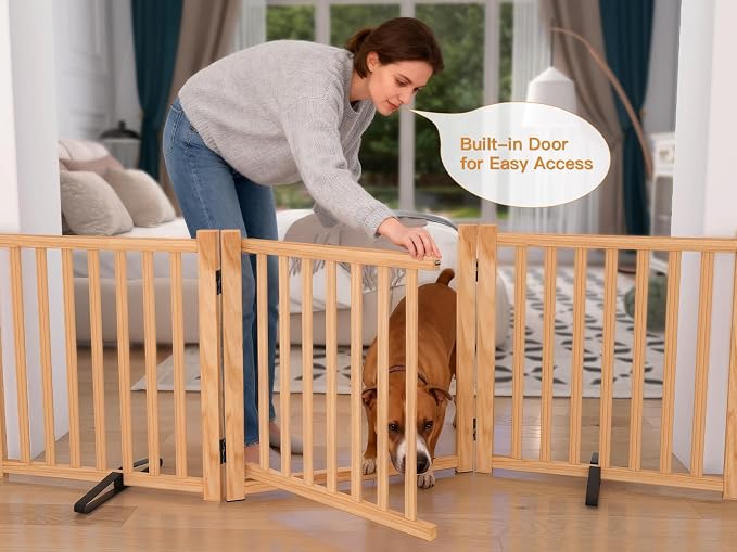 YOCAN Non-Painted Wooden Freestanding Dog Gates with Door for The House,Doorways, Stairs,Wood Dog Fences Indoor Pet Gate,Step Over Fence-8 Panel H:23"