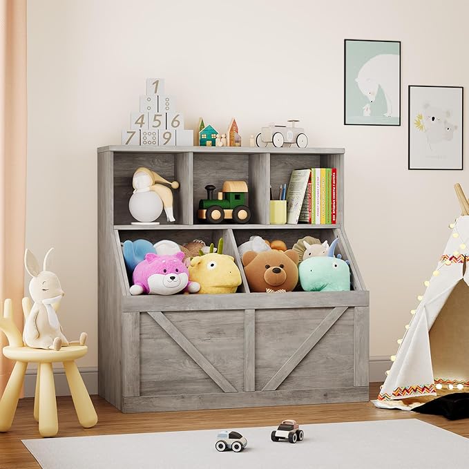 IDEALHOUSE Kids Bookshelf and Toy Storage, Toy Storage Organizer, Toy Organizer with Storage Cabinet and Toy Shelf, Toddler Book Shelf for Kids Rooms, Playroom, Bedroom, Nursery, Daycare, Washed Grey