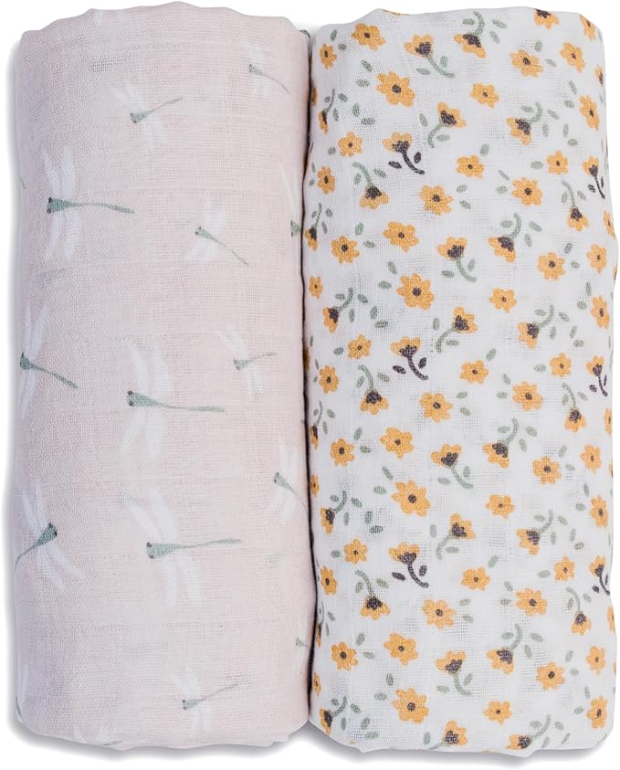Lulujo Baby Swaddle Blankets | Unisex Softest Breathable Cotton Muslin Swaddle Blanket Set | Neutral Receiving Blanket for Girls & Boys | 40in x 40in | Vintage Floral & Dragonfly | 2-Count