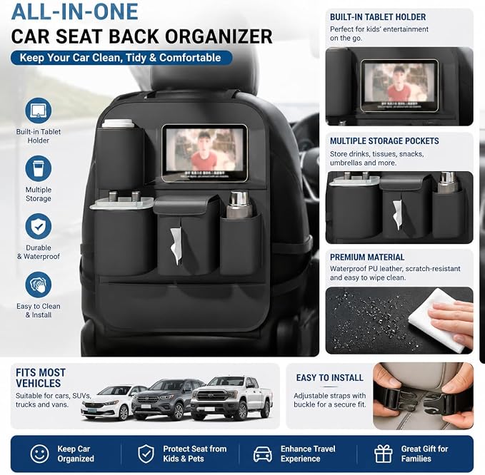 XDV Car Seat Organizers,Multi-functional Back Seat Protectors, Storage Pouches Kick Mats,Child kicking prevention and Tray Holders Tissue Box(for Cars, Kids, Seat Back and Rear Seats) (1, Black)