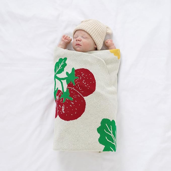 Opewod Cozy 100% Cotton Knitted Baby Blanket, 30"x40" Cute Strawberry & Bow Pattern, Soft Receiving Blanket for Newborns & Toddlers, Ideal for Crib, Stroller & Nursery Decor