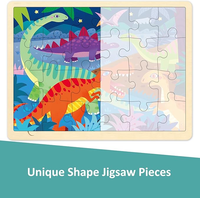 Wooden Puzzles for Kids Ages 3-5, 4 Packs 24 Piece Jigsaw Puzzles for 3 Year Old Boys Girls, Farm Urban Dinosaur Forest Animals Preschool Educational Brain Teaser Boards Toys