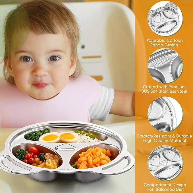 Jinei 30 Pieces Kids Stainless Steel Utensils Set Include Panda Shaped Plates, Bowls, Cups, Spoons, and Forks, Stainless Steel Dinnerware set for Kids Utensils (Panda)