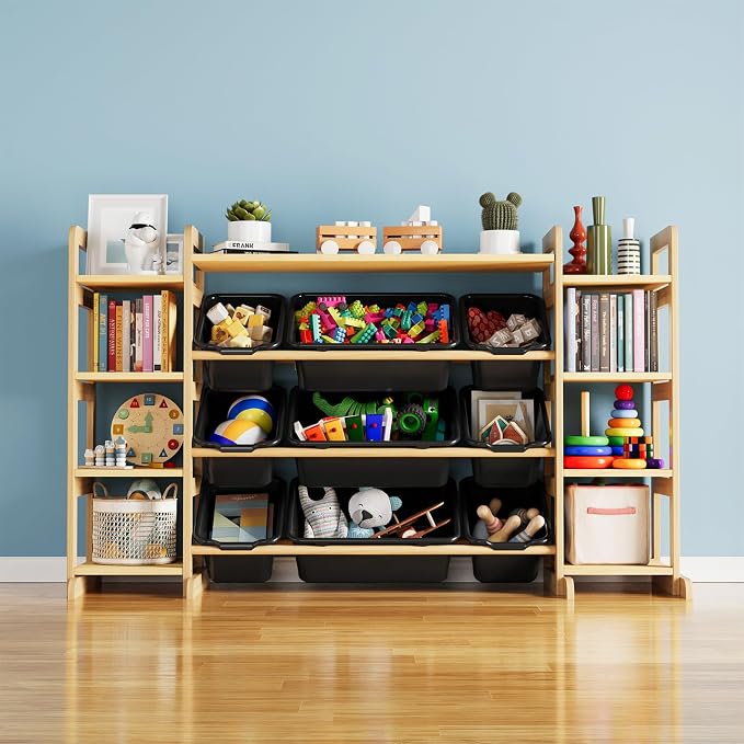 SpaceAid Large Toy Storage Organizer 9 Shelves 9 Bins, Toy Organizers Storage Bookshelf, Kids Bin Shelf Toys Box Bookcase for Bedroom Playroom Organization Room Decor, Neutral Gray