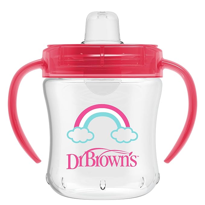 Dr. Brown’s Milestones Baby’s First Straw Cup, Training Cup with Weighted Straw, Coral, 6m+ & Transition Sippy Cup with Soft Spout - Pink - 6oz - 6m+