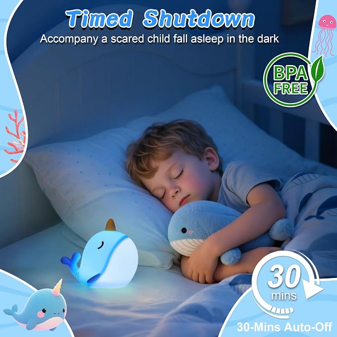 Whale Night Light, Narwhal Squishy Night Lamp with 3-Level Dimmable & 30 Mins Auto-Off & Rechargeable, Cute Bedside Animal Whale Decor for Nursery, Baby Kids Room