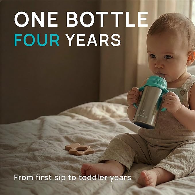 3-in-1 Stainless Steel Newborn Baby Bottle ??Grows into Sippy and Straw Cup, Leak-Proof Insulated, Ages 0??, 6 oz Teal