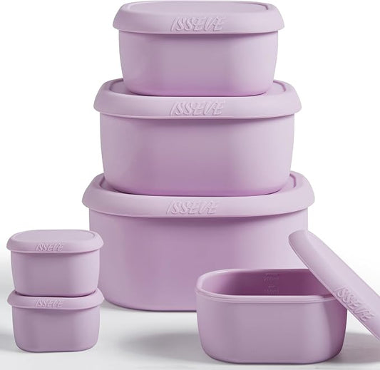 ISSEVE 6Pcs/Set Nesting Silicone Food Storage Containers with Lids, BPA Free Reusable Meal Prep Silicone Containers Lunch Box Bento Box Set (33.8oz, 20oz, 10oz, 6.7oz, 1.3oz) (Purple)