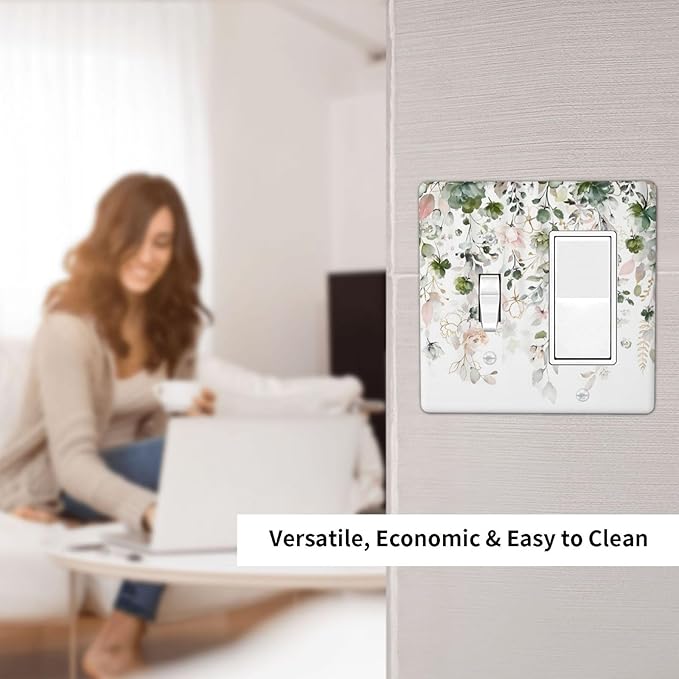 Green Pink Floral Flower Rustic Eucalyptus Leaves Wildflower Outlet Covers 1 Toggle 1 Rocker Combination Decorative Wall Plate Electrical Switch Plates Light Switch Cover Plate for Bedroom Living Room