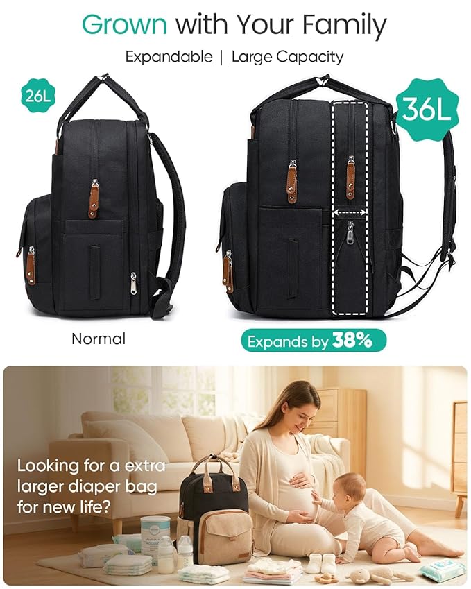 Qualyphant Extra Large Diaper Bag Backpack for Two Kids Twins - Expandable Baby Bag (26-36L), Dual Big Compartments - Includes Changing Pad & Stroller Straps, Unisex Black