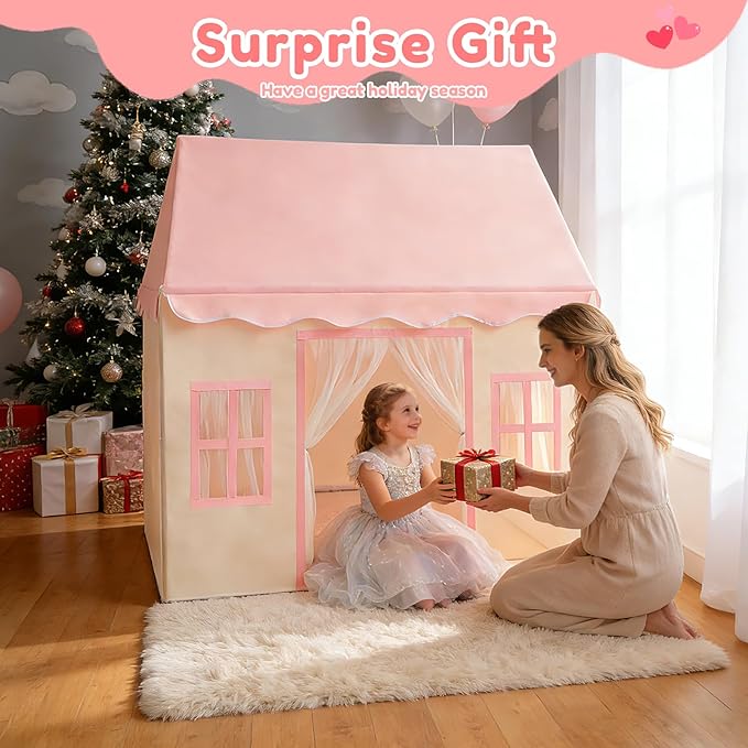 WIRHAO Large Kids Tent with Padded Mat Playhouse with Large Space for Toddlers Indoor Kids Play Tent for Girls Boys with Stars Lights, Carry Bag, Banner Flag (Pink)