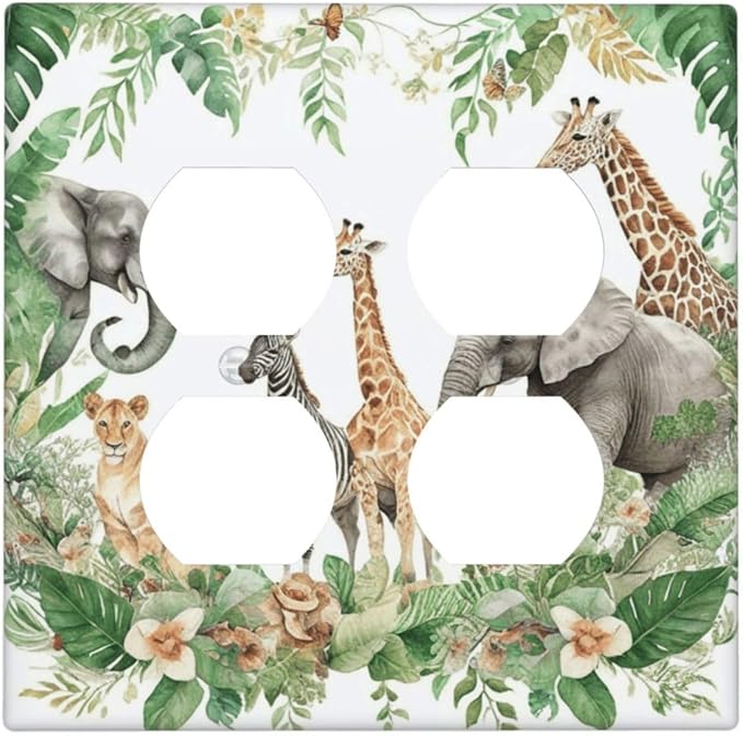 Tropical Leves Safari Animals Giraffe Elephant Zoo Outlet Covers 2 Gang Double Duplex Decorative Light Switch Covers Electrical Wallplates Socket Faceplate for Kids Room Nursery Decor