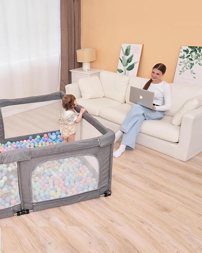 Veraste Foldable Baby Playpen with Gate, Extra Large Collapsible Play Yard for Babies & Toddlers, Portable Travel Playpen, Baby Activity Center for Indoor & Outdoor Use (Grey 51"×51")