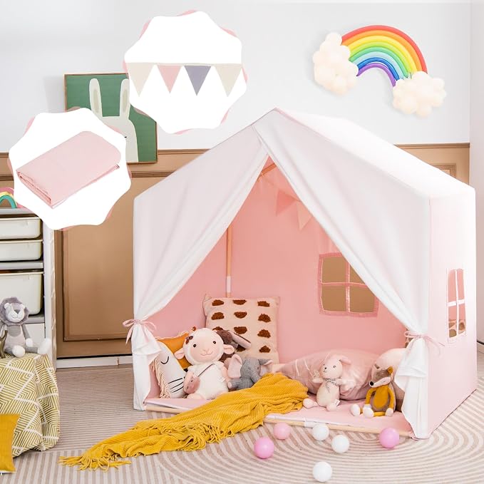HONEY JOY Kids Play Tent, Toddler Tent Indoor Playhouses with Mat, Windows, Curtain, Solid Wood Frame, 52" x36" x 52", Large Children Princess Castle Play Tent for Boys Girls (Pink)