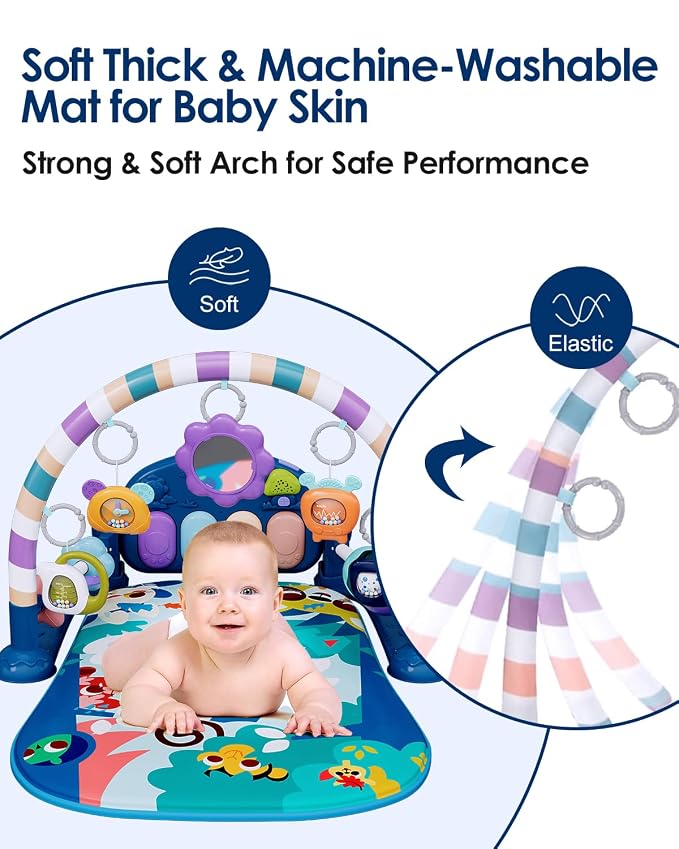 dearlomum Baby Play Mat Gym, Funny Play Piano Tummy Time Activity Mat with 5 Infant Sensory Toys, Music and Lights, Boy & Girl Gifts for Newborns 0 to 3 6 9 12 Months (Blue)