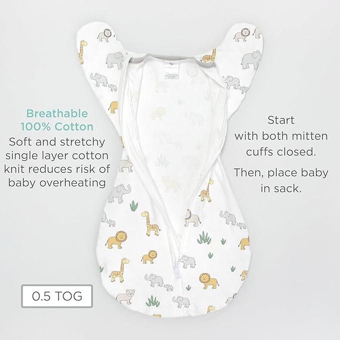 Amazing Baby Transitional Swaddle Sack, Arms Up Half-Length Sleeves & Mitten Cuffs, Swaddle for Newborn Transition to Baby Sleep Sack Wearable Blanket, Lrg, 6-9 mo, 21-24 lb, Sterling Tiny Elephants
