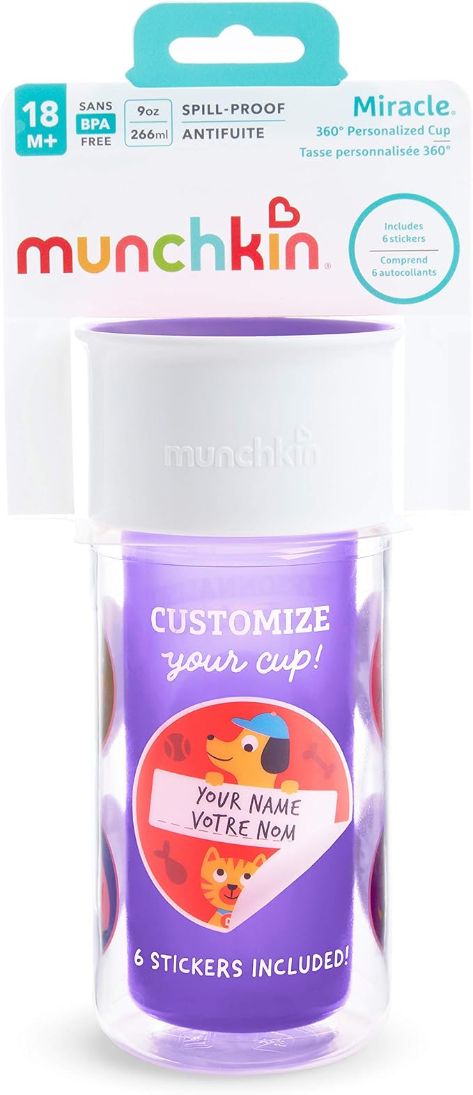 Munchkin® Miracle® 360 Insulated Sippy Cup, Includes Stickers to Customize Cup, 9 Ounce, Purple