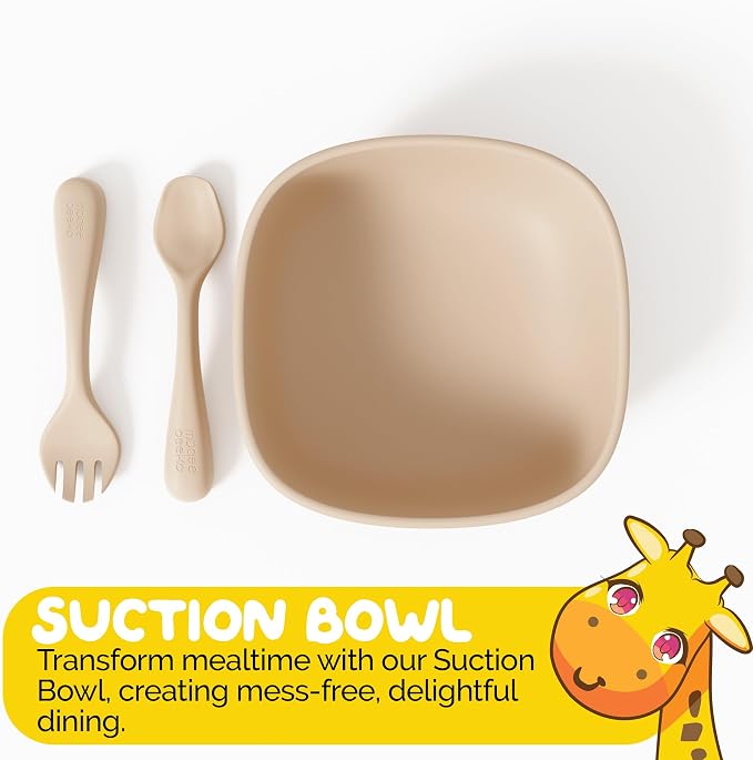 Silicone Baby Feeding Set with suction bowls for baby baby utensils 6-12 months in Beige color - (3 Piece Set) made with Baby Safe Silicone bowls for baby
