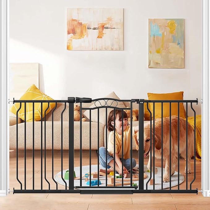 Fairy Baby 53.1"-62.5" Extra Wide Baby Gates for Stairs & Doorways, Pressure Mounted Baby Safety Child Gate No Drill, Long Dog Gate with Door Walk Thru, Metal Auto Close Large Pet Gate Indoor, Black