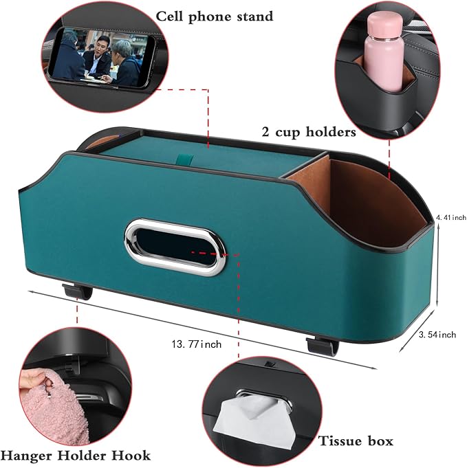 HOLDCY Car Back Seat Organizer with 2 Drink Cup Holder - Tissue Box and Storage Box Hook - Multi-functional Storage - Great for Kids and Travel (Blue)