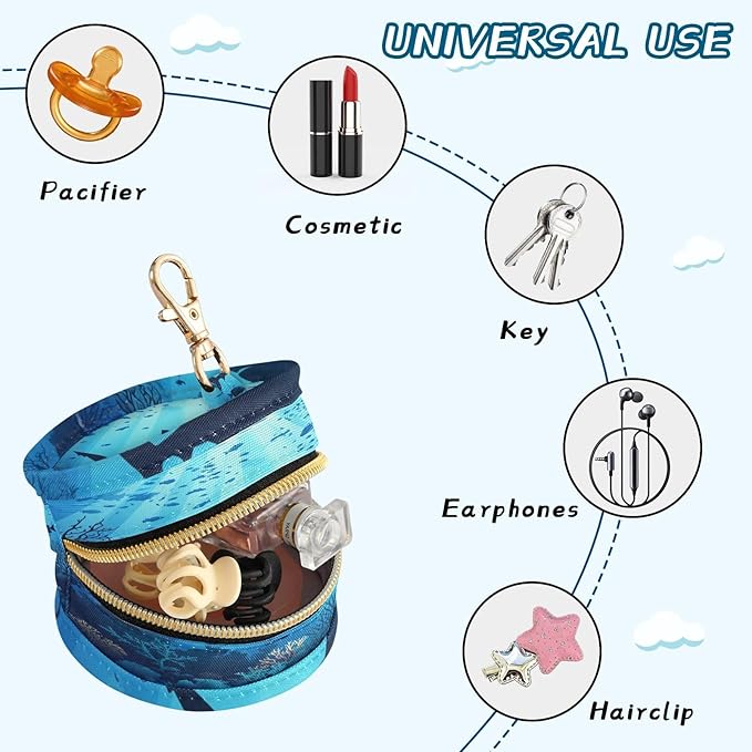 Pacifier Holder with Clip Pacifier Case for Diaper Bag Round Baby Pacifier Pouch Box Bag Portable Sharks Coral Reef Tropical Blue