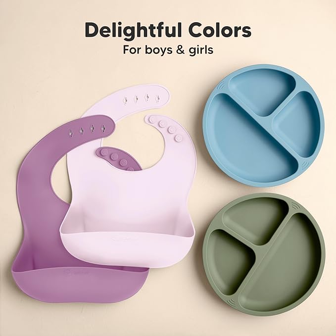 KeaBabies 2-Pack Silicone Bibs for Babies, Toddlers Girl, Boy ??Sturdy Food-Grade Baby Bibs for Eating, Large Food Catcher, Clean & Put On Easily, Waterproof Toddler Feeding Essentials (Amethyst)