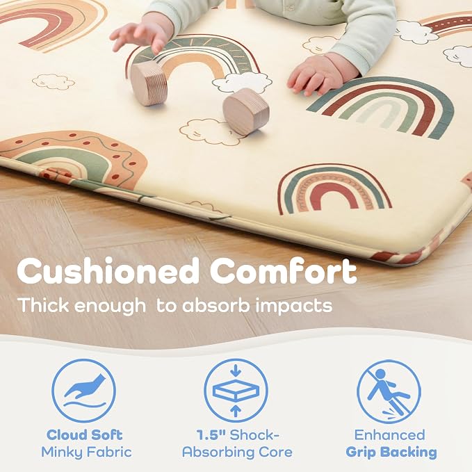 1.5" Thick Premium Baby Floor Play Mat, 71x79 Over-Sized Padded Memory Foam Mat, Tummy Time Crawling Playmat for Nursery Kids Playroom, Rainbow