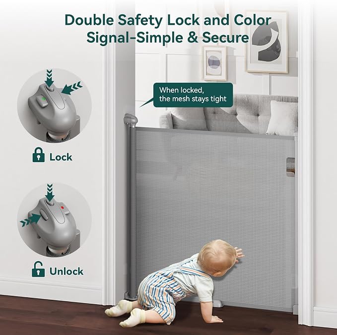 Babepai Retractable Baby Gates for Stairs, Retractable Dog Gate for Indoor/Outdoor Use | Child Gates for Doorways, Deck, Porch, Hallways, Patio (Grey, 55" Wide × 34" Height)