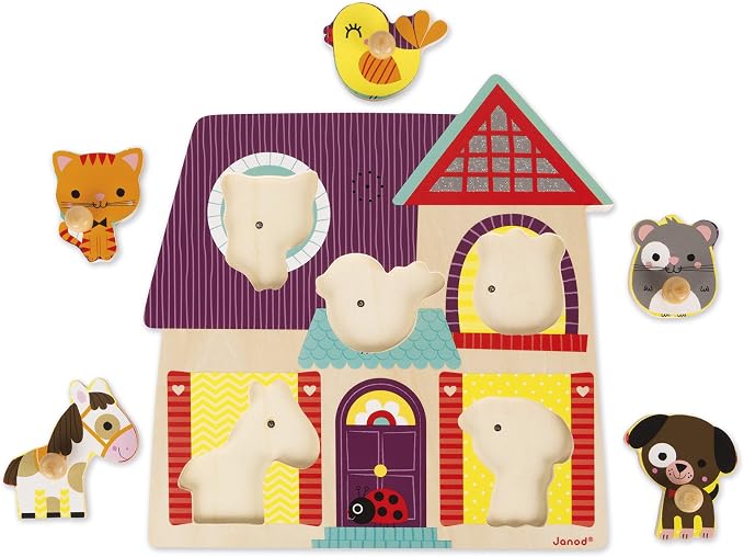 Janod 5 Piece Musical Animal Sound My Little Friends Themed Wooden Peg Colorful Jigsaw Puzzle with Sound Effects - Encourages Shape Recognition, Dexterity & Language Development - Toddlers 18 Months+