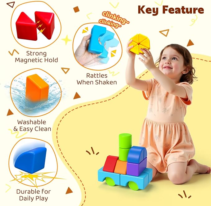 Pairez Toys Multi-Shape Magnetic Blocks, Large Stacking & Building Blocks Set, Preschool Educational Sensory Magnet Toys for Kids Ages 3-5 Year Old Boys & Girls Toddlers(20pcs)