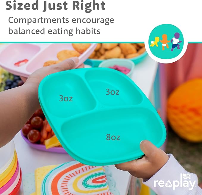 Re-Play Toddler Dinnerware Set - 3 Divided Plates, 3 Snack Bowls & 3 Fork and Spoon Sets - BPA-Free Kids Tableware - Dishwasher Safe - Made in USA from Recycled Materials, Aqua/Yellow/Lime