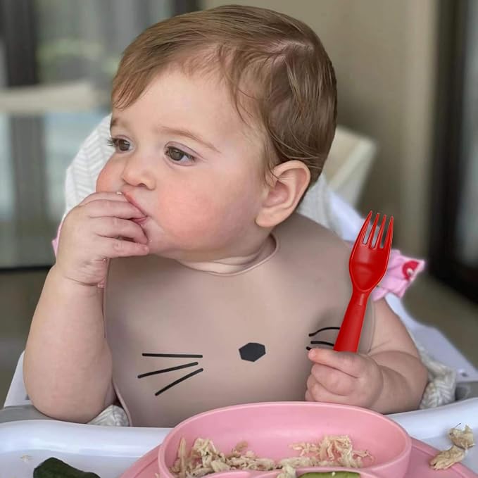 12 Pcs Kids Spoons and Forks Toddler Utensils Plastics Reusable Silverware Baby Cutlery Set Feeding Dinnerware Utensils BPA Free Microwave Dishwasher and Freezer Safe- Red