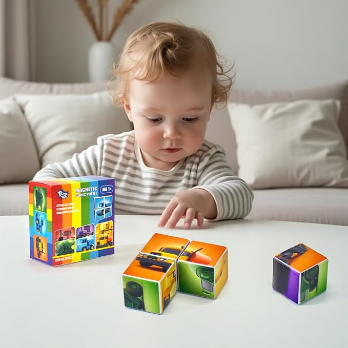 Pairez Toys Magnetic Cubes for Toddler, 1.65 inch Large Building Blocks Tiles, Construction Vehicles Puzzles Game for Toddlers, STEM Educational Learning Toys for Boys & Girls Ages 1 2 3