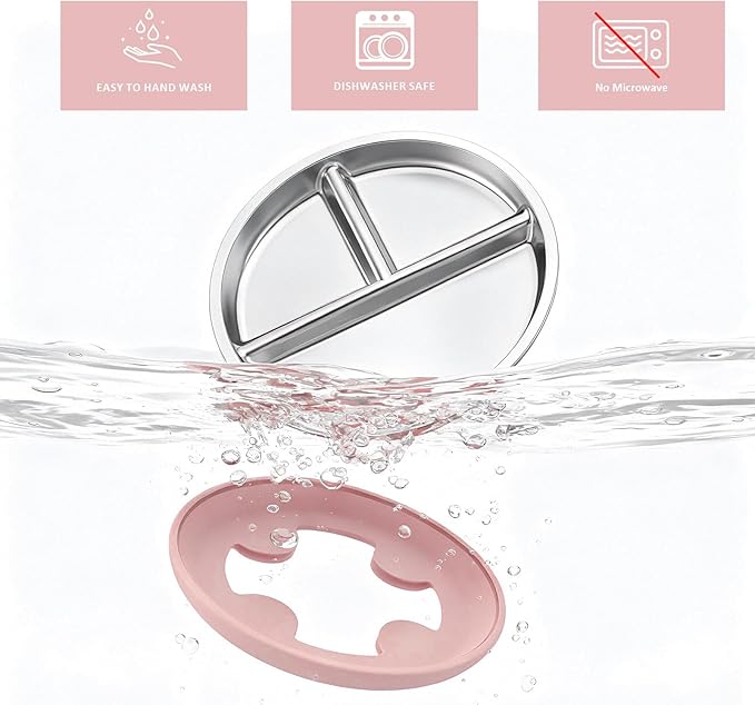 Bakpoco Stainless Steel Baby Plate with Suction, 9??Divided Toddler Plates with Removable Silicone Sleeves for Kids, Non-Toxic Non-Slip Unbreakable Dishwasher Safe Dinnerware Set of 2, Pink & Lilac