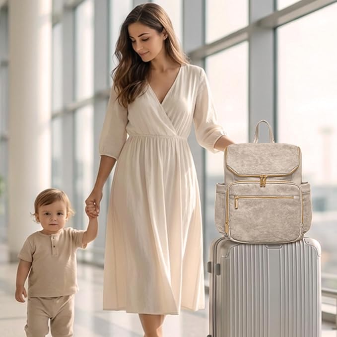 miss fong Diaper Bag Backpack - Large Diaper Bag Backpack Baby Backpack Suede Diaper Backpack with 14 Pockets, Pañaleras Para Bebe with Waterproof Wet Pocket Luggage Sleeve for Mom Dad-Taupe