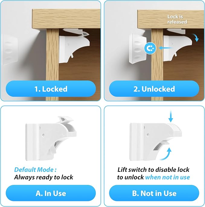AILUOQI Baby Proofing Magnetic Cabinet Locks (3 Locks + 1 Key) Cupboard Drawers Latches Magnet Locks for Cabinets