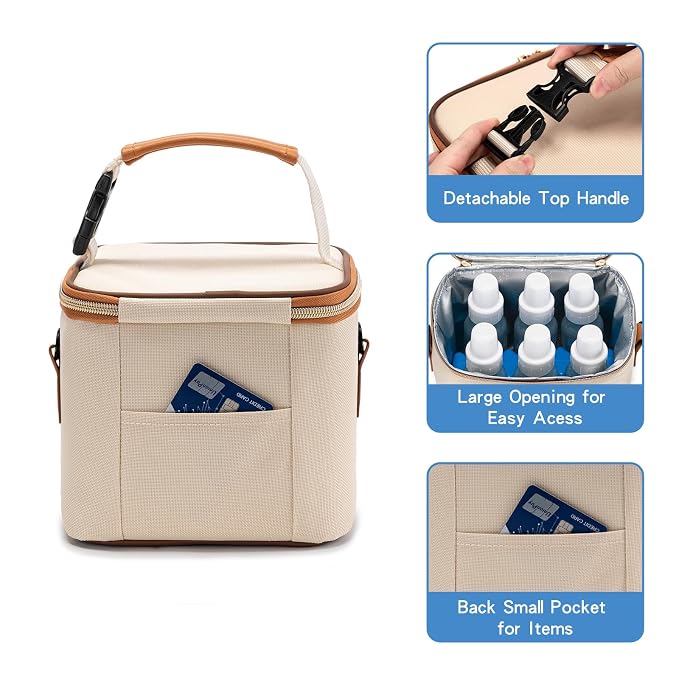 Breastmilk Cooler Bag with Ice Pack Fits 6 Baby Bottles Up to 5 Ounce, Baby Bottle Bag with Shoulder Strap for Nursing Mom Daycare, Cream