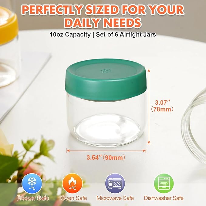 Premium 10oz Borosilicate Glass Jars with Airtight Lids (6 Pack) ??Freezer to Oven Safe (-4°F to 446°F) ??For Overnight Oats, Chia Pudding, Yogurt Parfaits, Dressings, Sauces & More